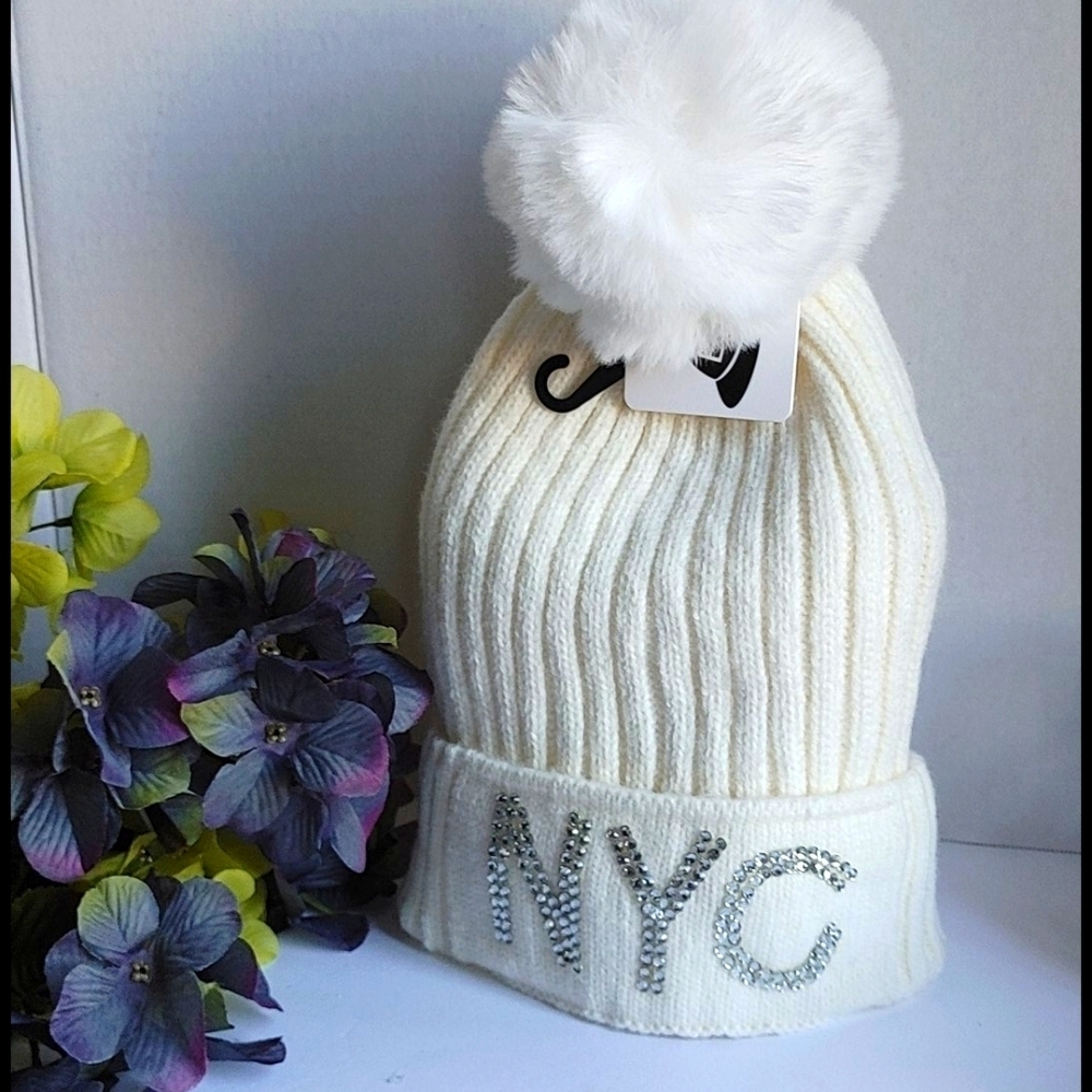 Pom Pom Ribbed Knit Knit Hat Ivory White Faux Fur NYC